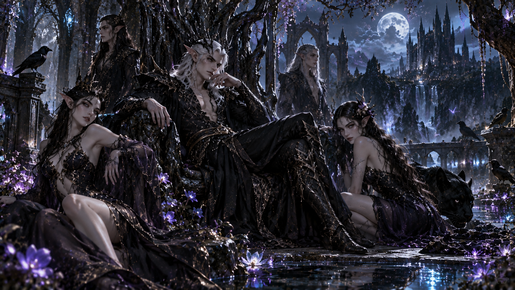 A moonlit fae court lounging in black silk and briar crowns, ravens and a panther keeping watch.