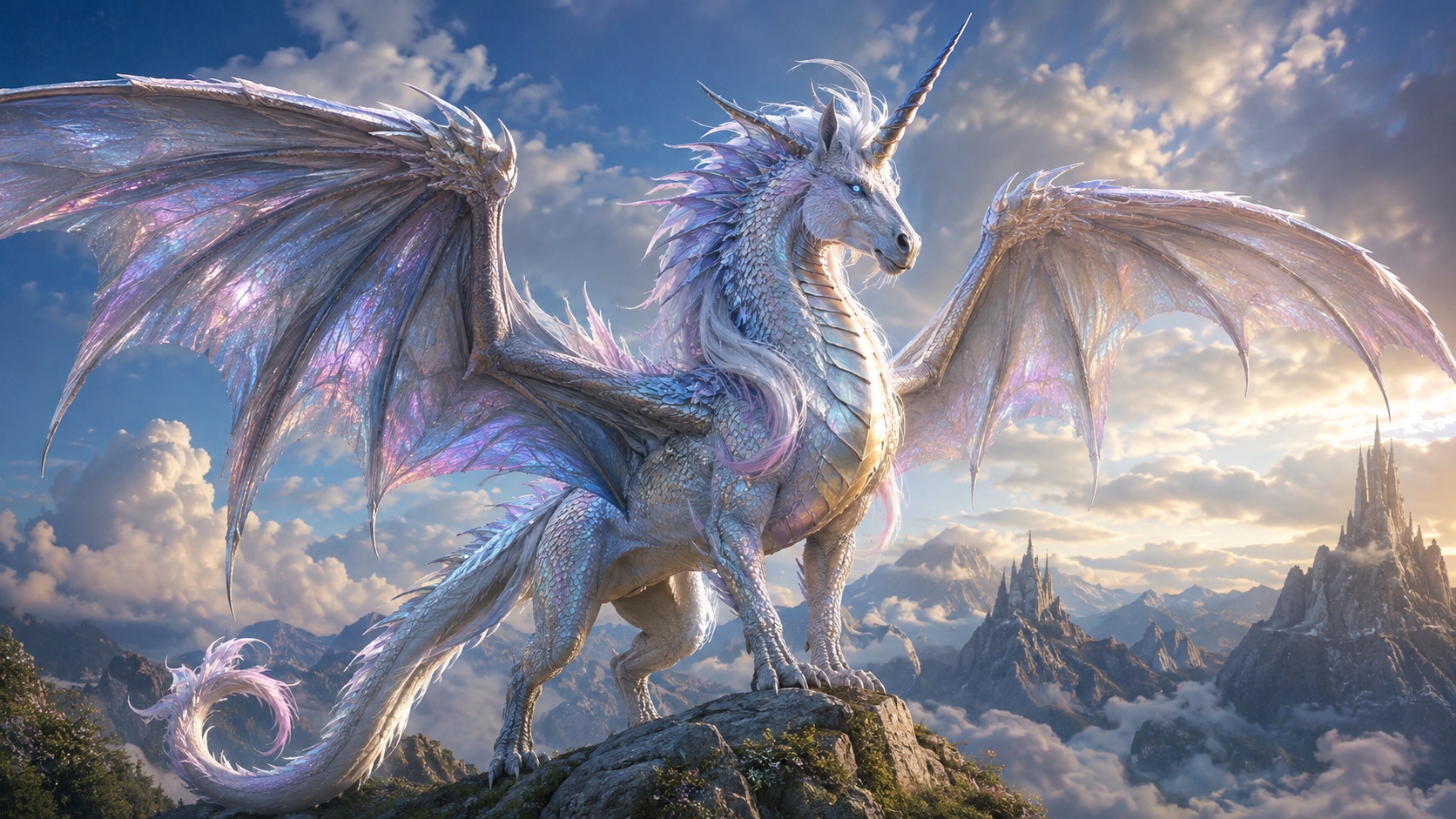 An iridescent unicorn-dragon standing above the clouds, wings shot through with opal light.