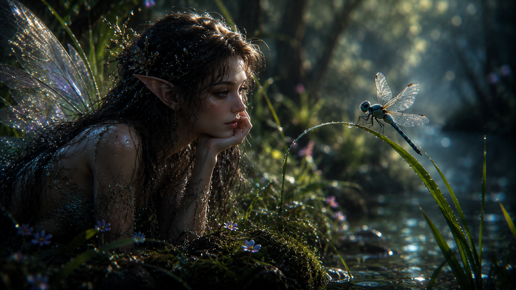 A dew-soaked fae trading secrets with a dragonfly at the water's edge.