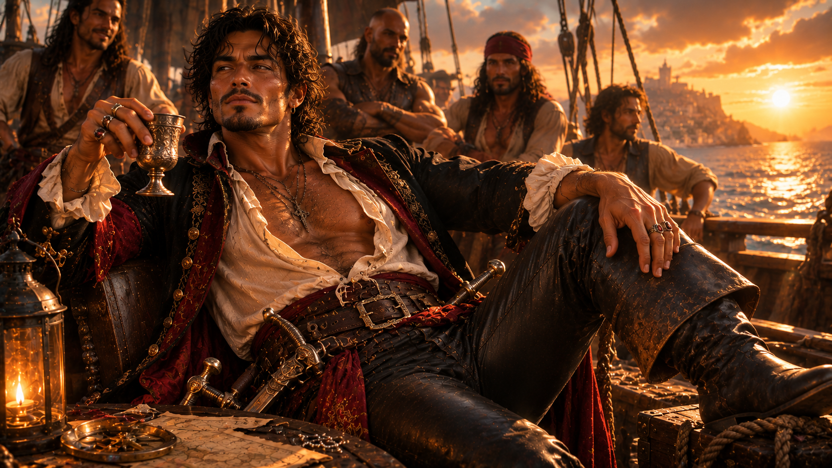 A pirate captain raising his goblet over charts and gold as the crew watches the coast.