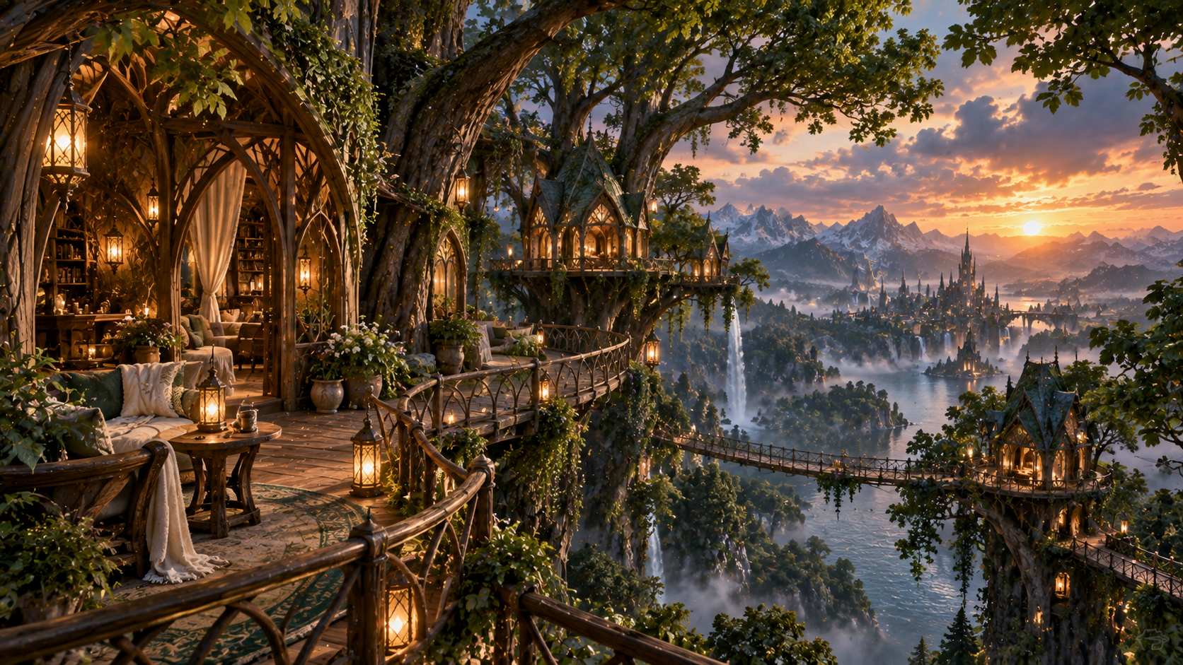 A lantern-lit treetop terrace overlooking waterfalls, bridges, and a distant spired city at sunset.