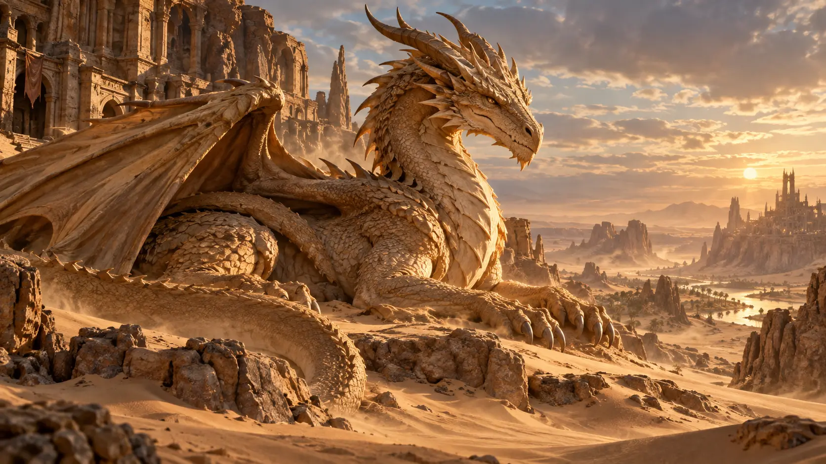 A pale desert dragon coiled among sunlit ruins, watching a far-off oasis city.