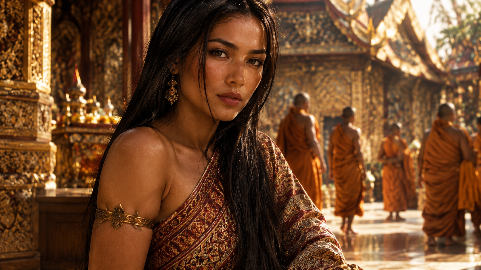 A woman in gilded silk pausing at the temple steps as the monks pass behind her.