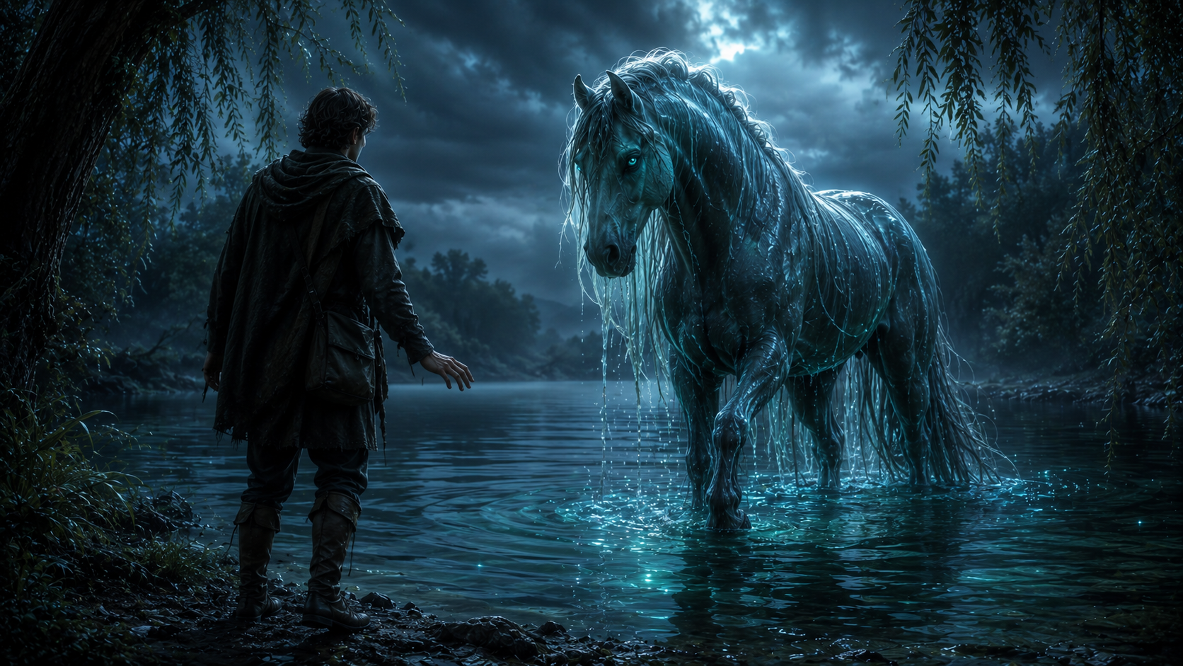 A traveller reaching for a water horse rising from a moonlit river — the last mistake of a long night.