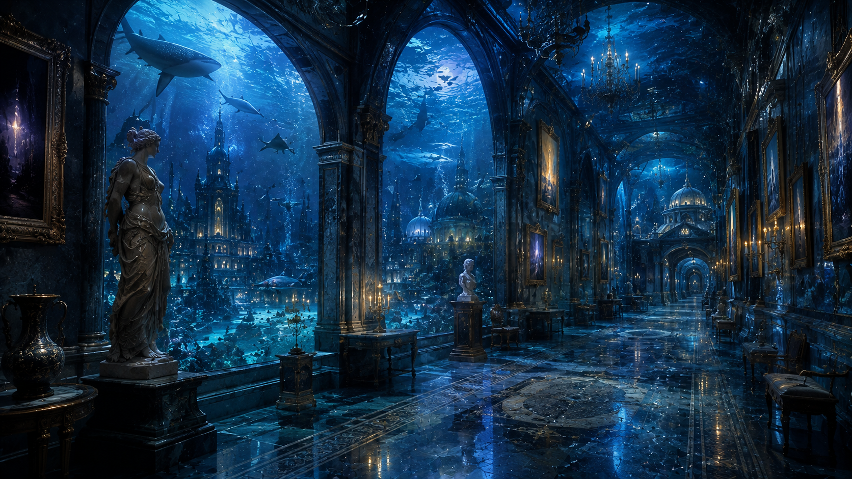 A sunken marble hall of paintings and statues, sharks drifting past the windows.