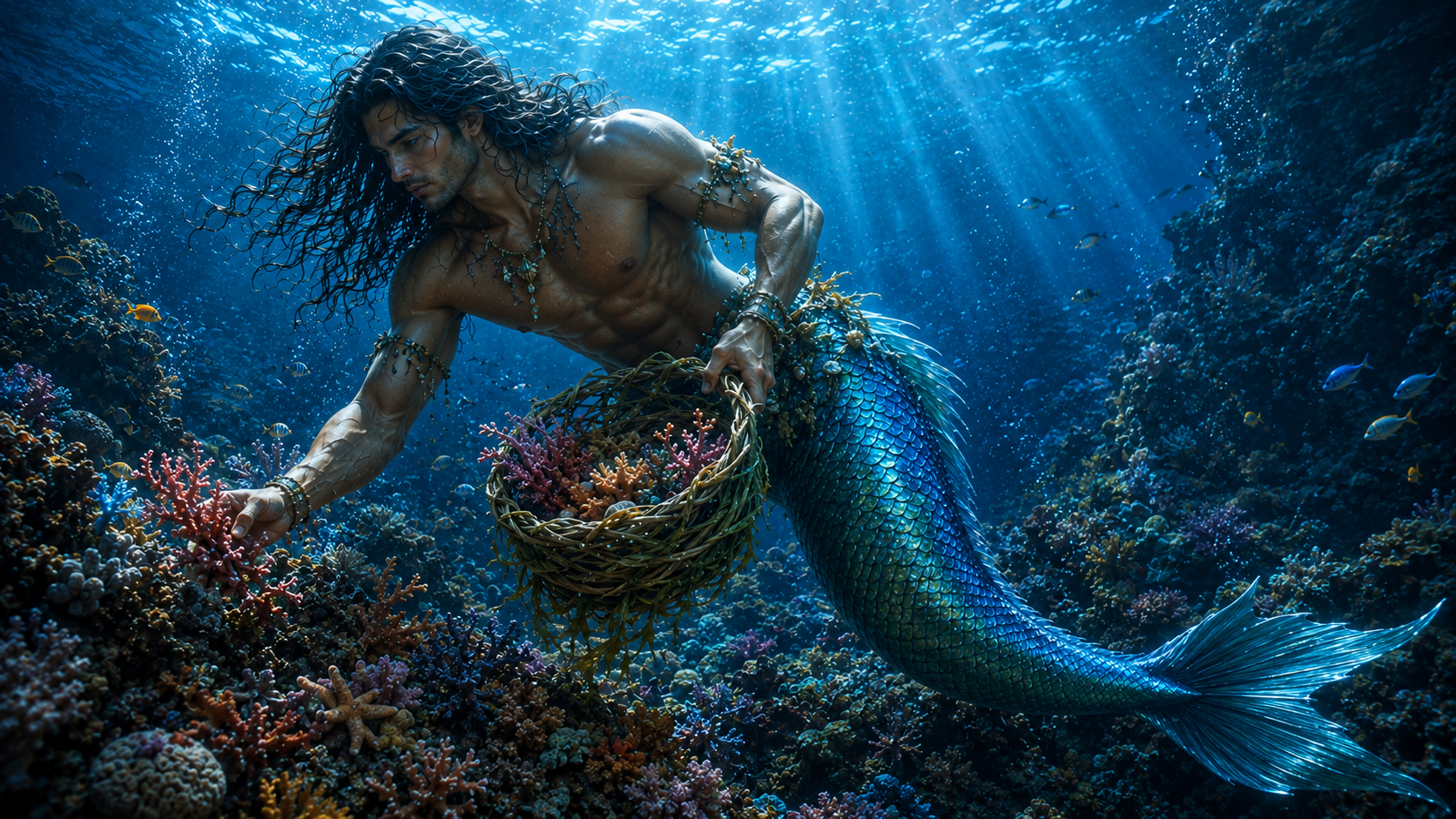 A merman harvesting coral into a woven basket while sunlight falls through deep blue water.