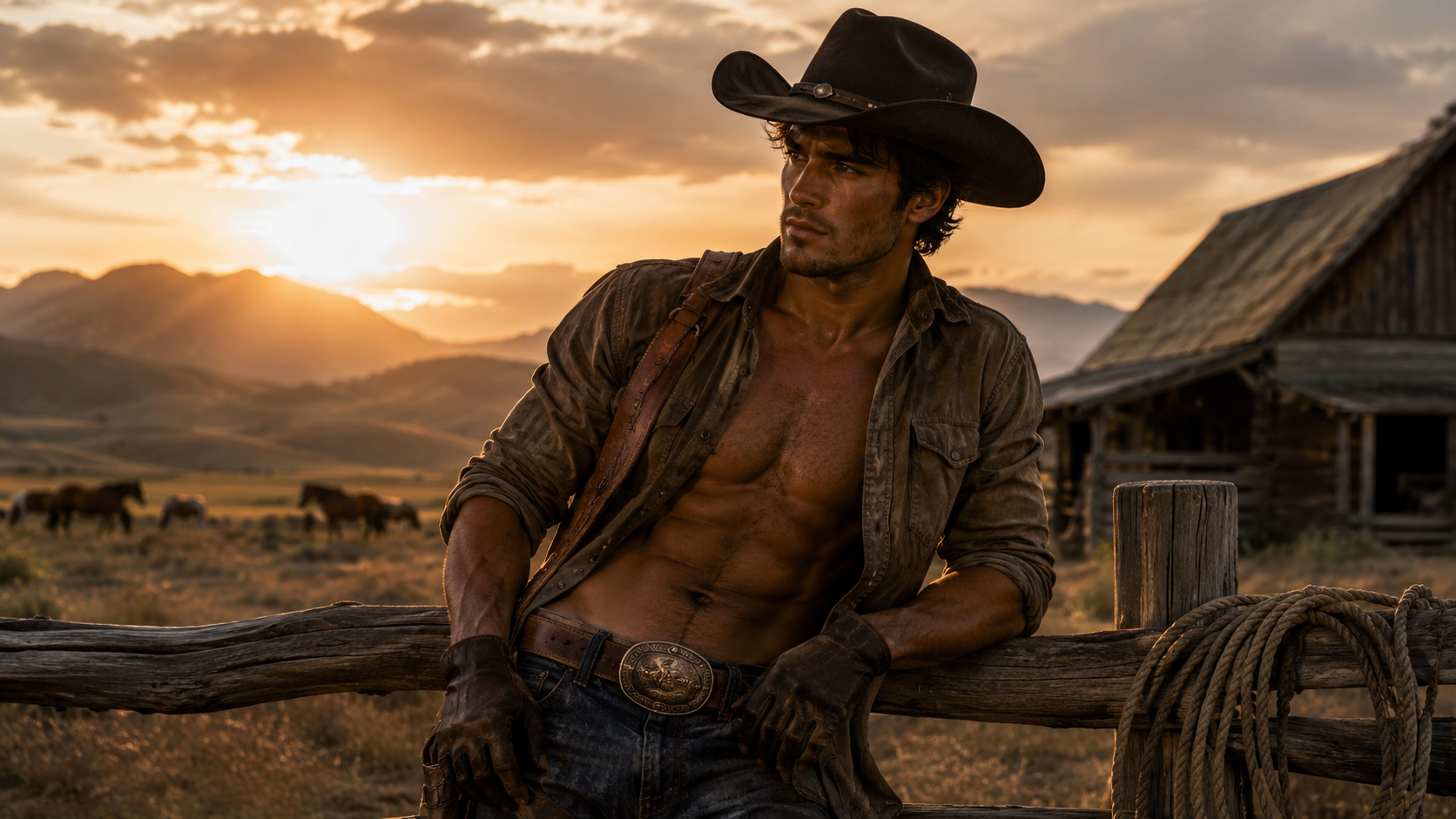 A ranch hand leaning on the rail at golden hour, horses grazing behind him.
