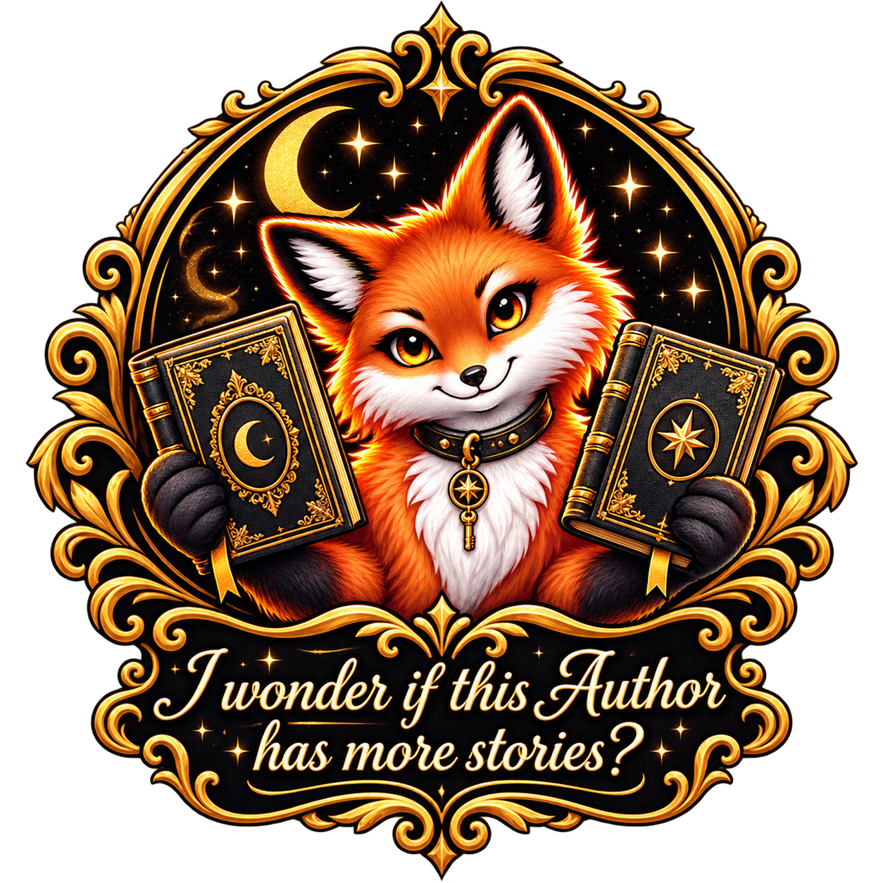 A fox holding enchanted books beneath a crescent moon — I wonder if this author has more stories?
