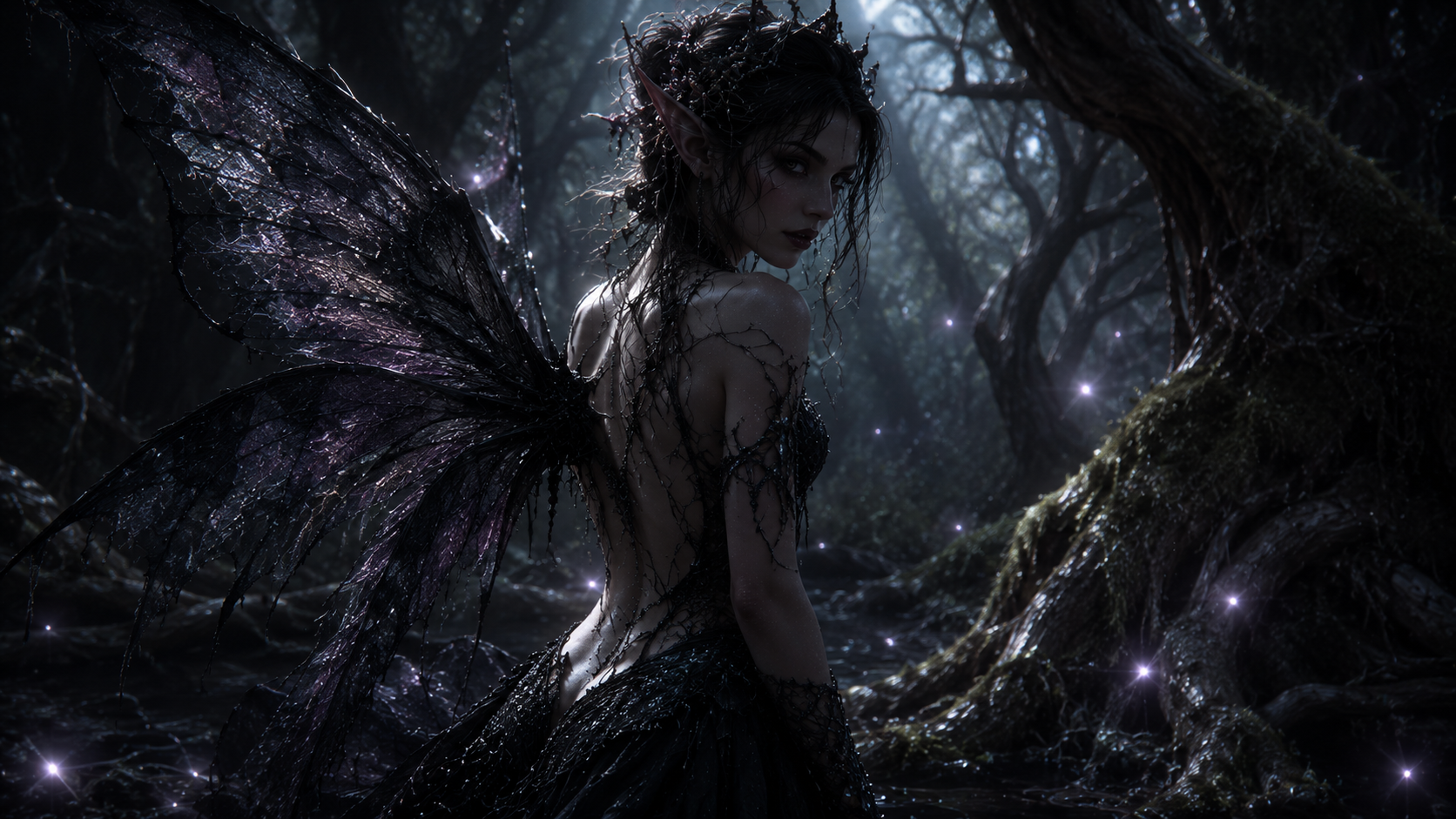 A dark fae sovereign glancing back through a haunted wood, crowned in blackened briars.