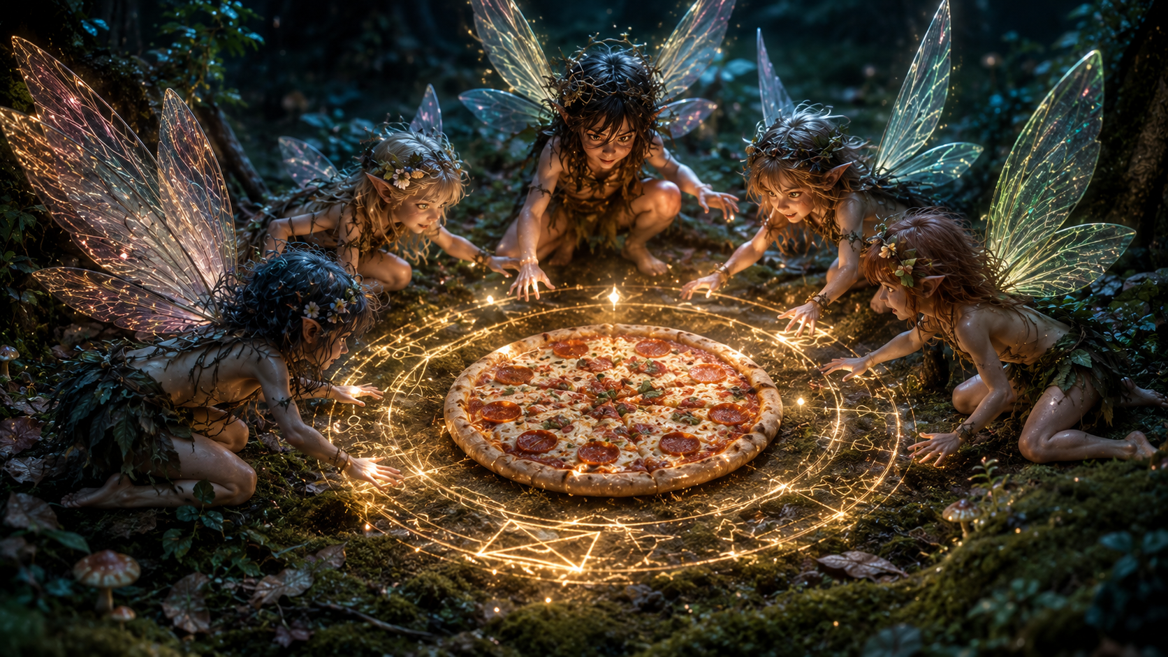 Five fae drawing a glowing ring around the greatest treasure of the mortal realm.