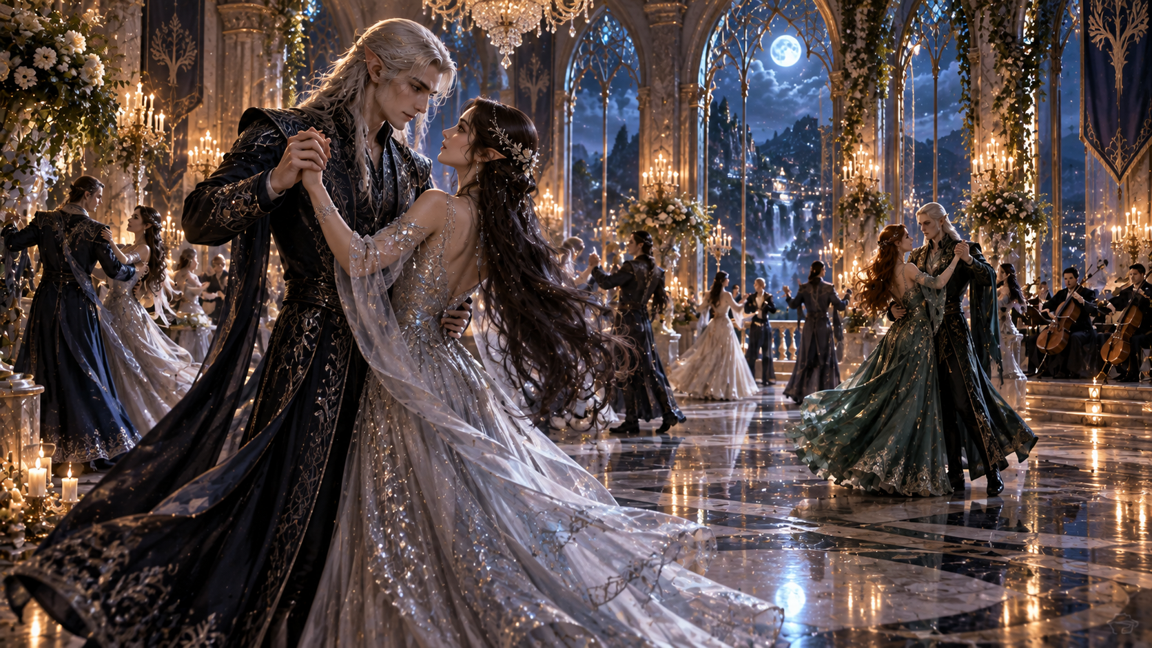 Candlelight, chandeliers, and a silver gown — a ballroom of elves turning beneath a full moon.