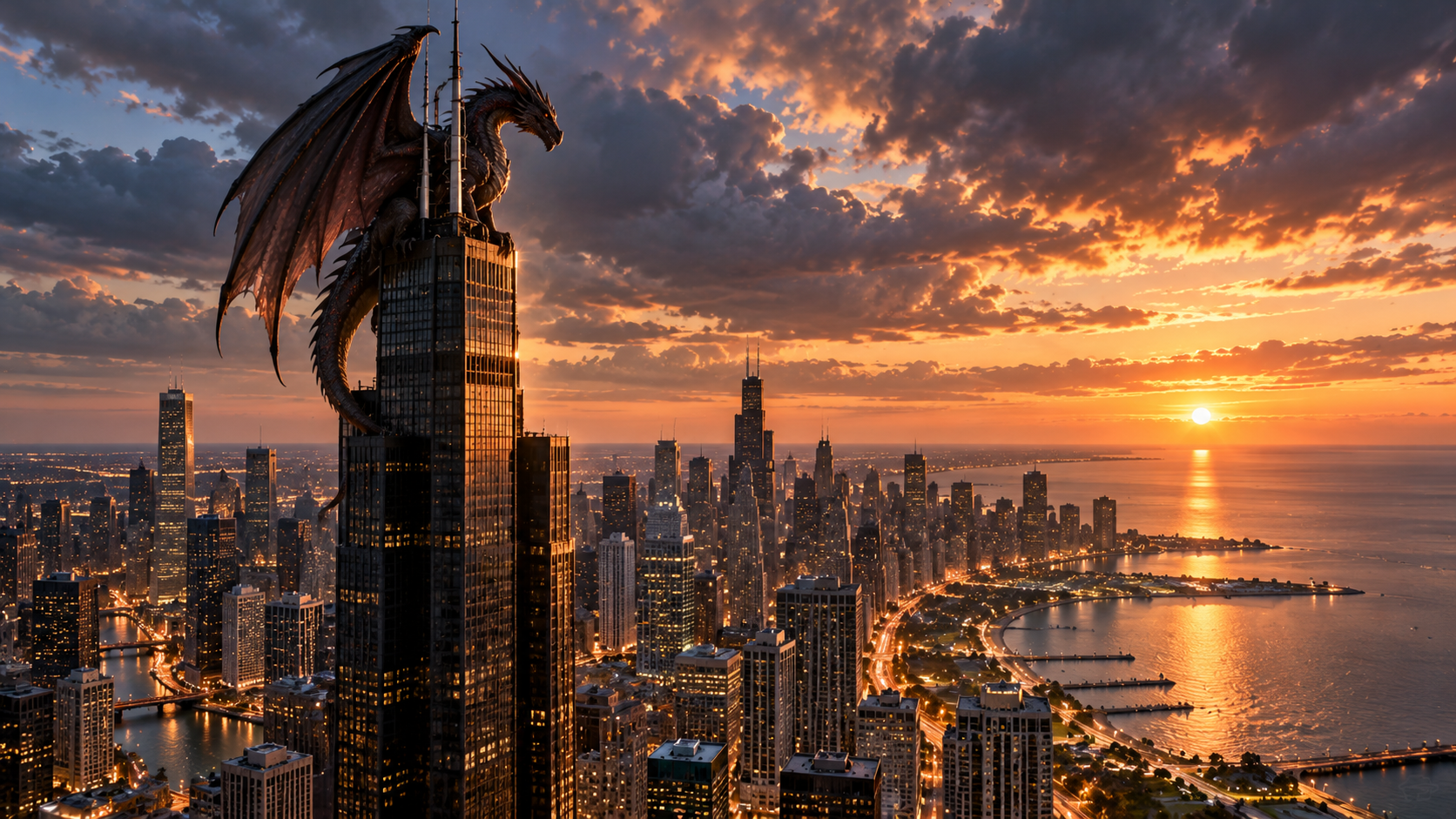 A dragon perched on a skyscraper spire as the city burns gold at sunset.