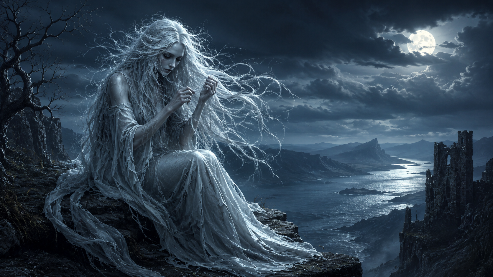 A pale spirit keeping watch above moonlit water and a ruined keep.