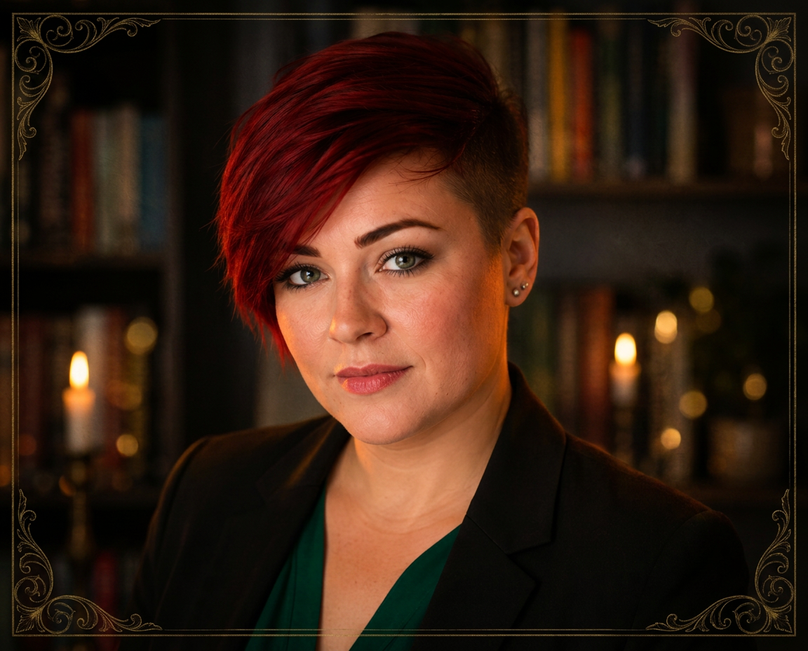 Portrait of Kaleyia, author of dark fantasy and forbidden romance, in candlelight