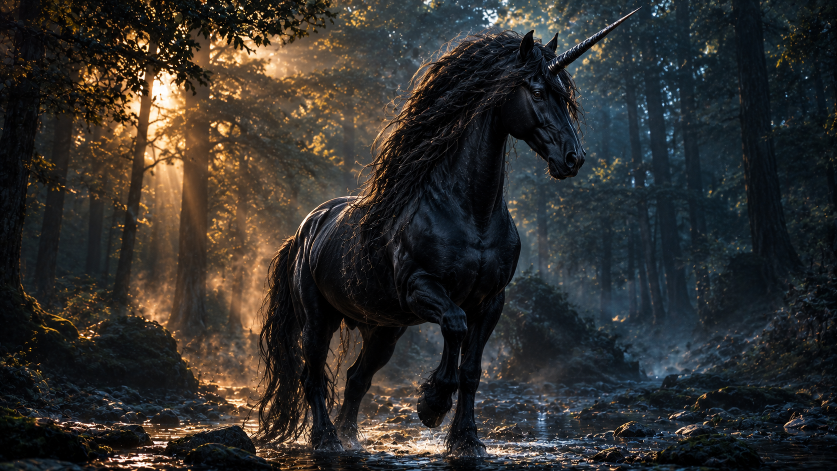 Something old and unimpressed stepping through a forest stream in the last of the light.