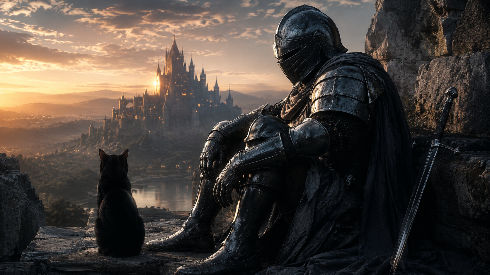 A weary knight and a small black companion keeping vigil above a gilded city at sunset.
