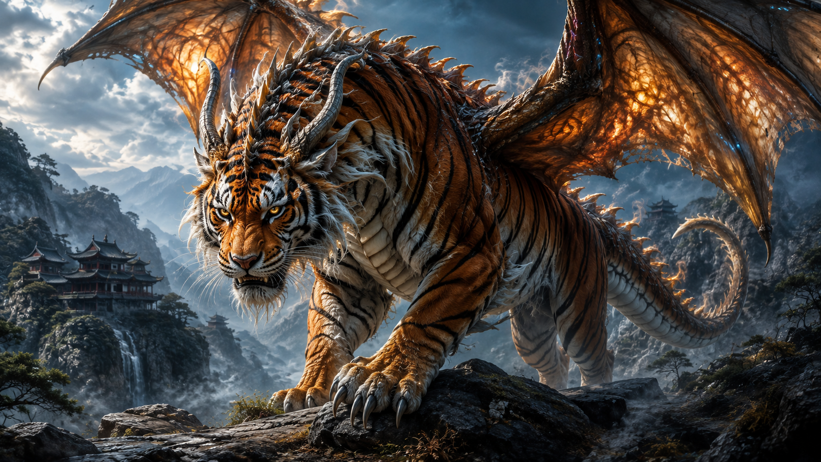 A winged tiger-dragon prowling the cliffs above a mountain temple, ember light in its wings.