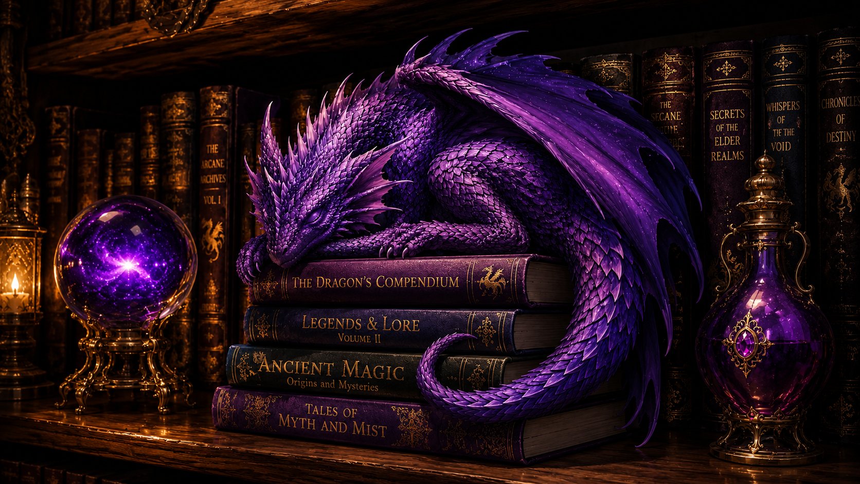 A small violet dragon asleep atop a stack of grimoires in a candlelit library.