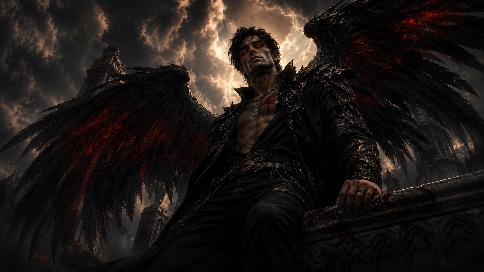 Red-eyed and ember-winged, he holds the cathedral rail like he already owns the sky.