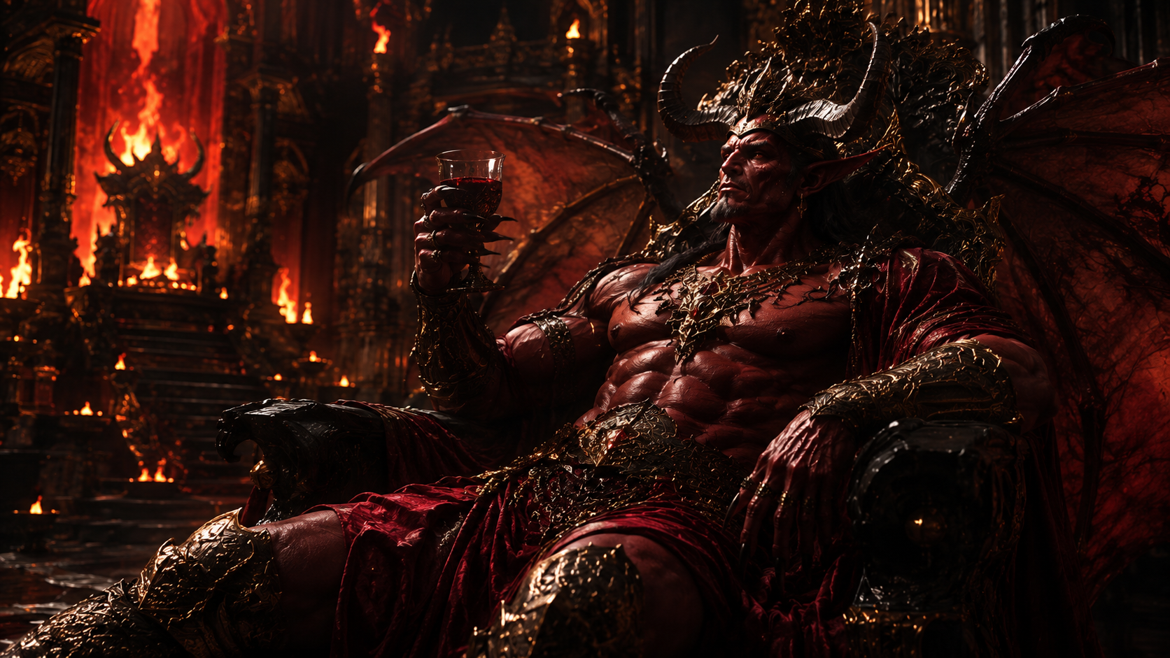 A demon lord raising his glass in a burning cathedral — gold, garnet, and very bad intentions.