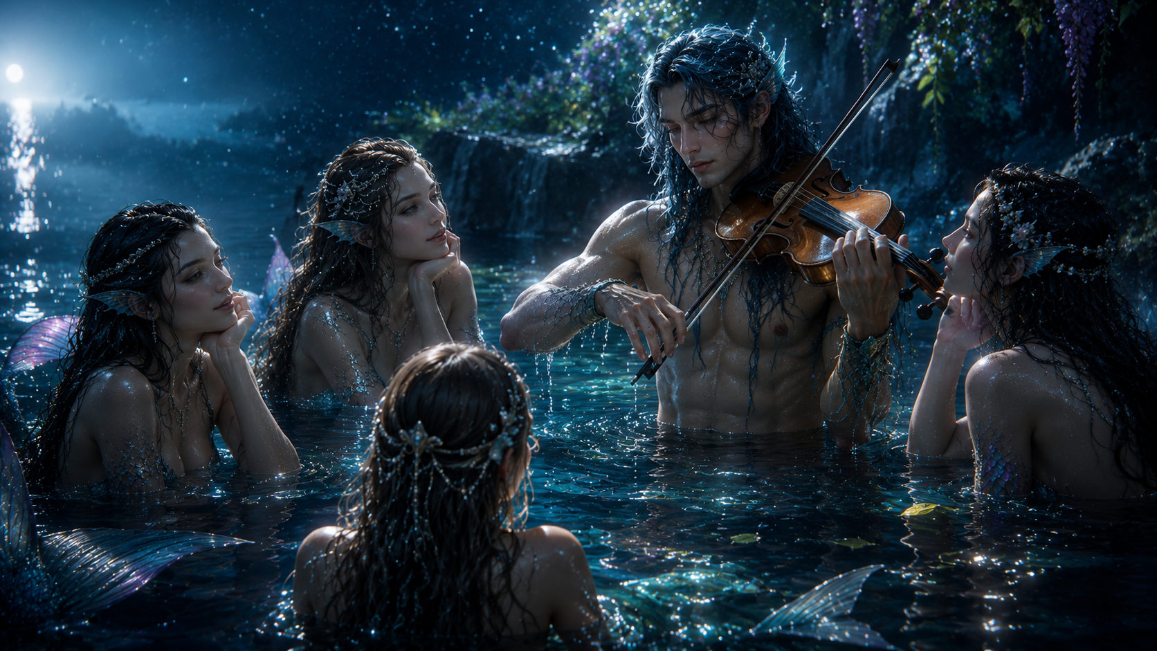 A siren prince playing violin to his court in a moonlit pool, wisteria trailing overhead.