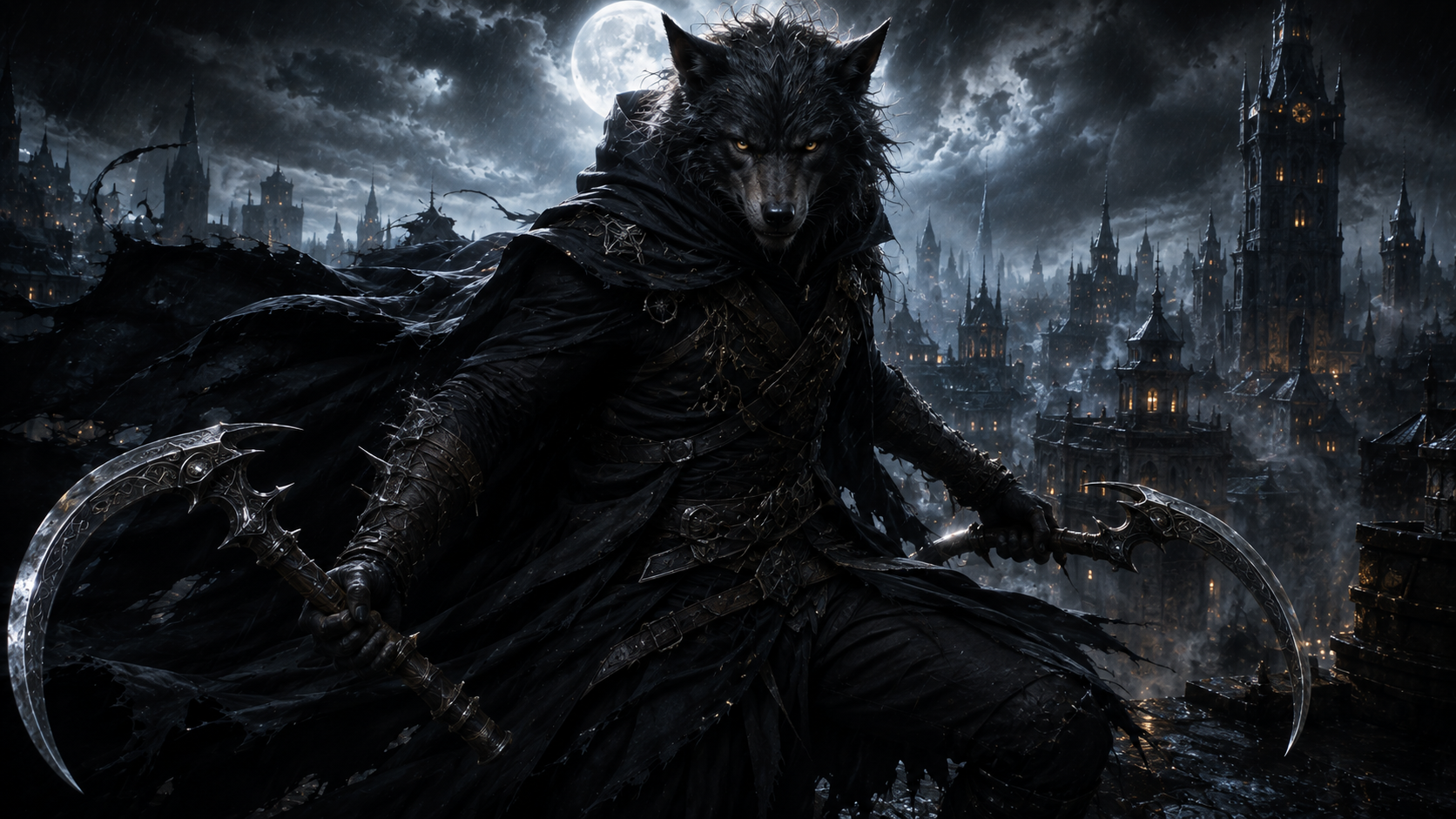 A wolf-headed reaper in storm-torn black, twin scythes drawn above a drowning gothic city.