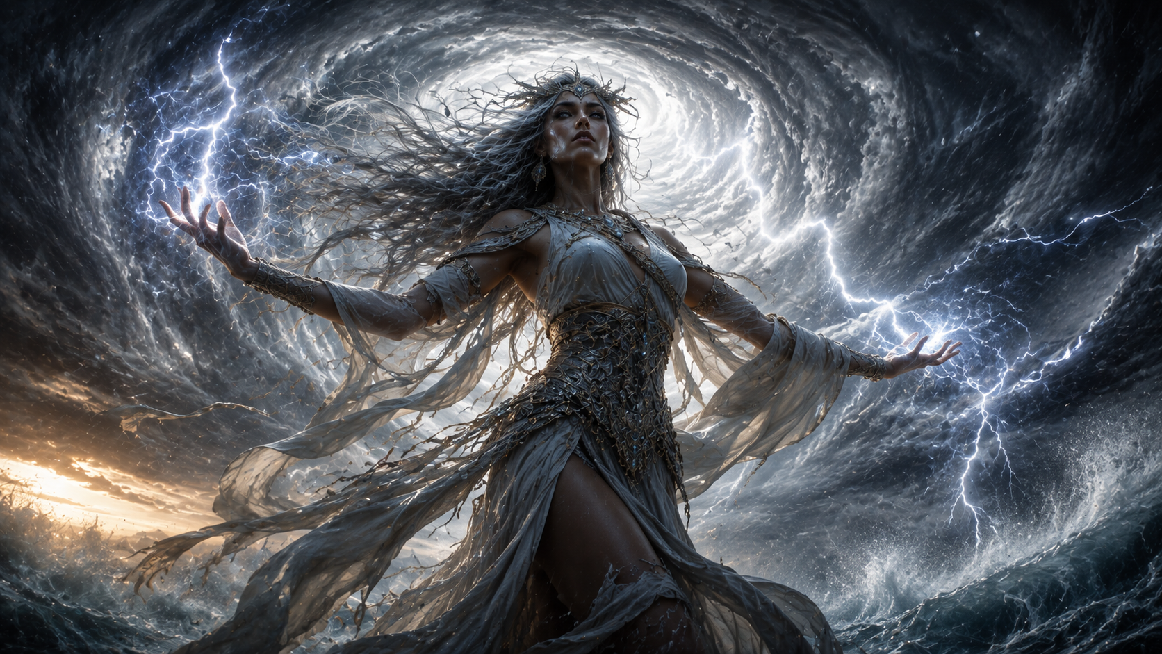 A sea-witch calling lightning down into the heart of a hurricane, silver robes streaming.