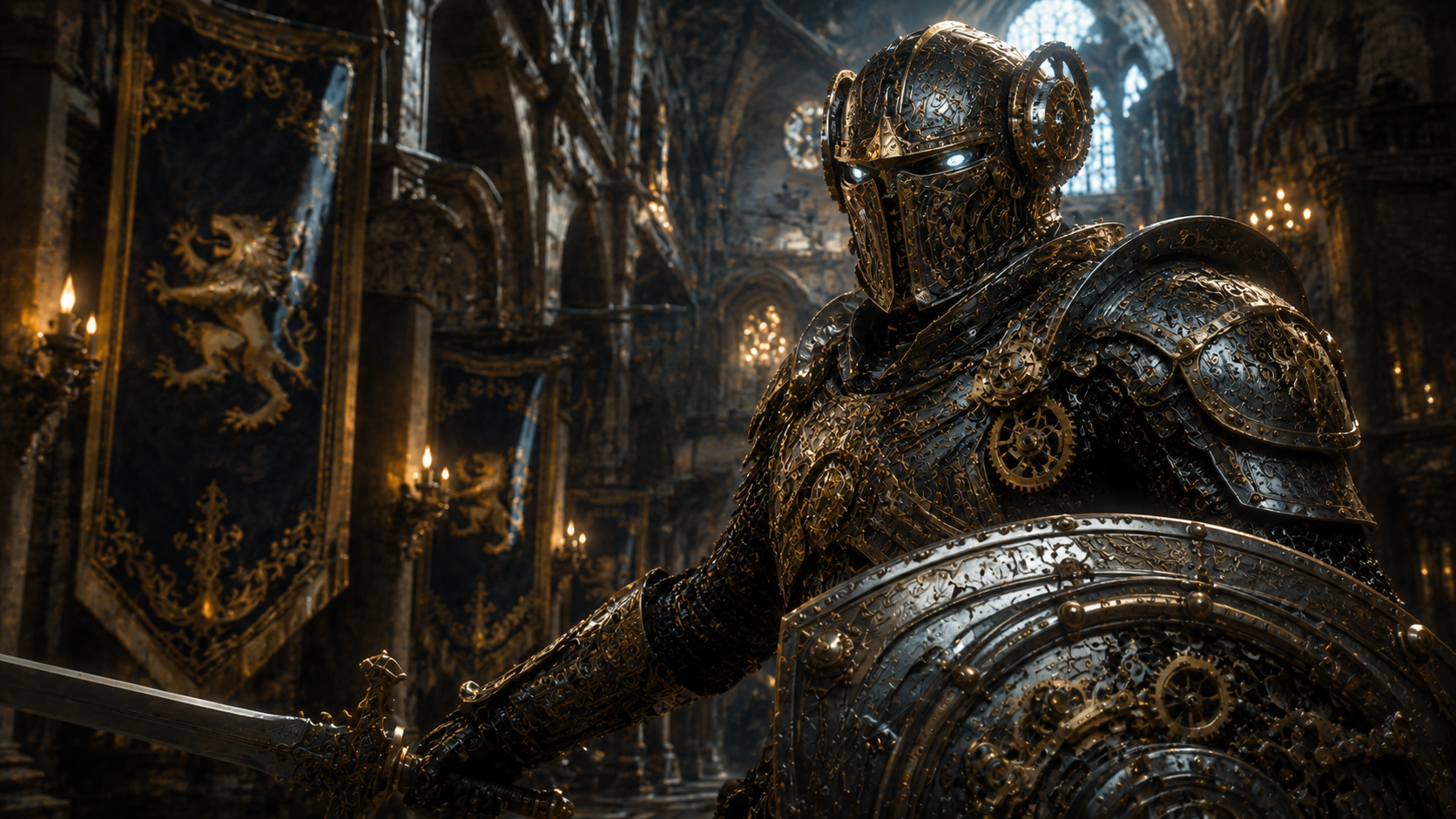 Gilded gear-forged armour and a cold blue stare, keeping watch in a cathedral of banners.
