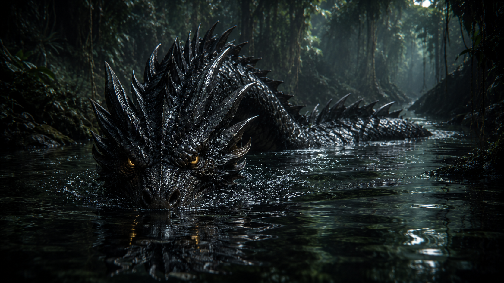 Something ancient surfacing in a jungle river, gold eyes already deciding about you.