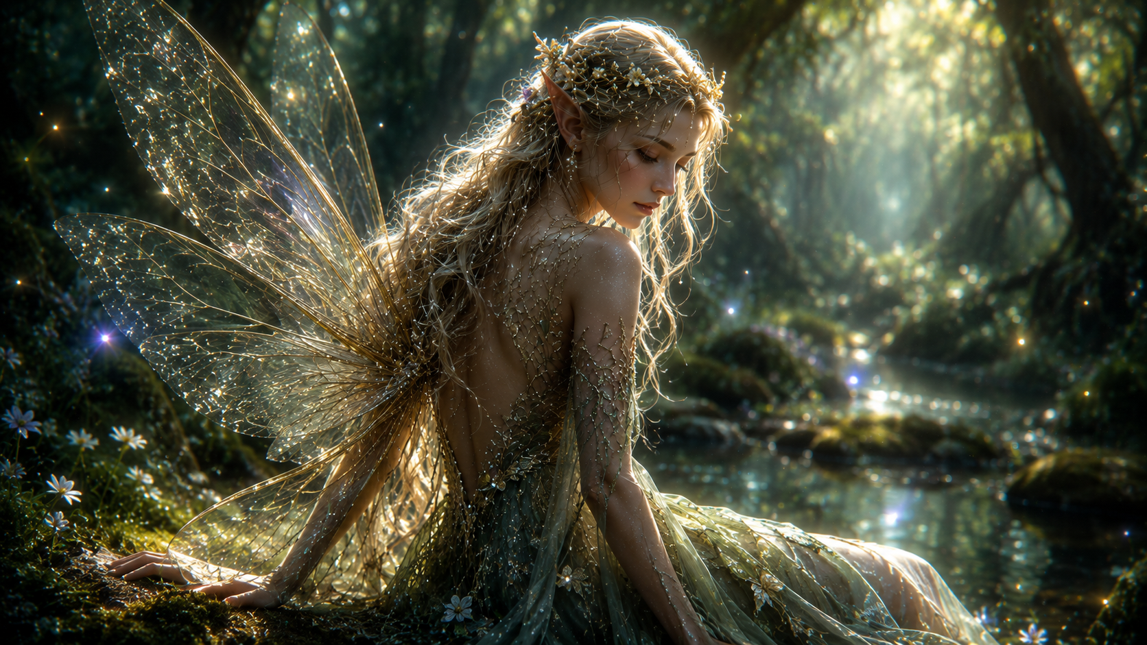 Sunlight caught in gossamer wings beside a whispering brook — the softer side of the Fae courts.