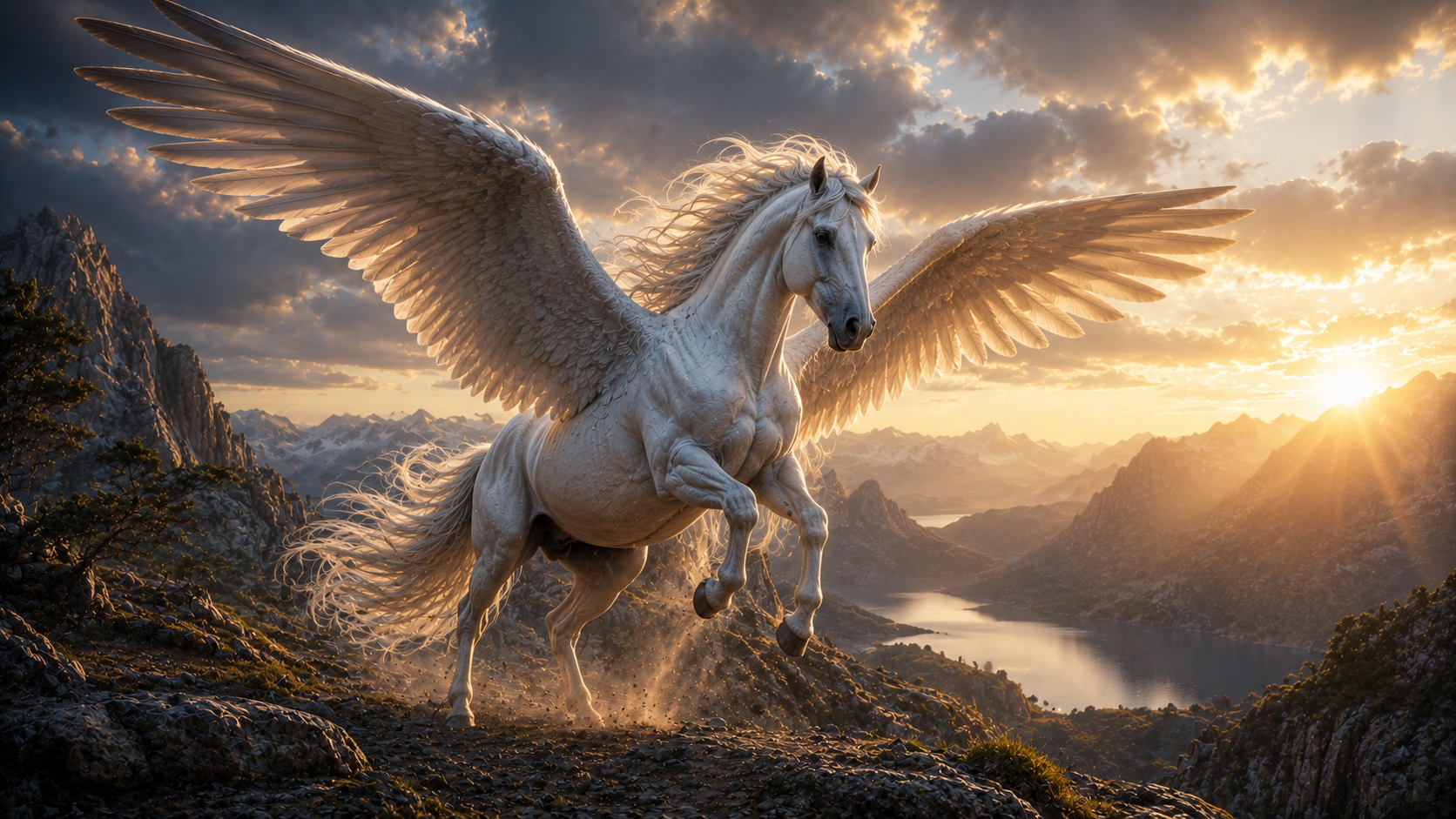 A white pegasus rearing on a mountain ridge as the sun breaks over the lakes below.