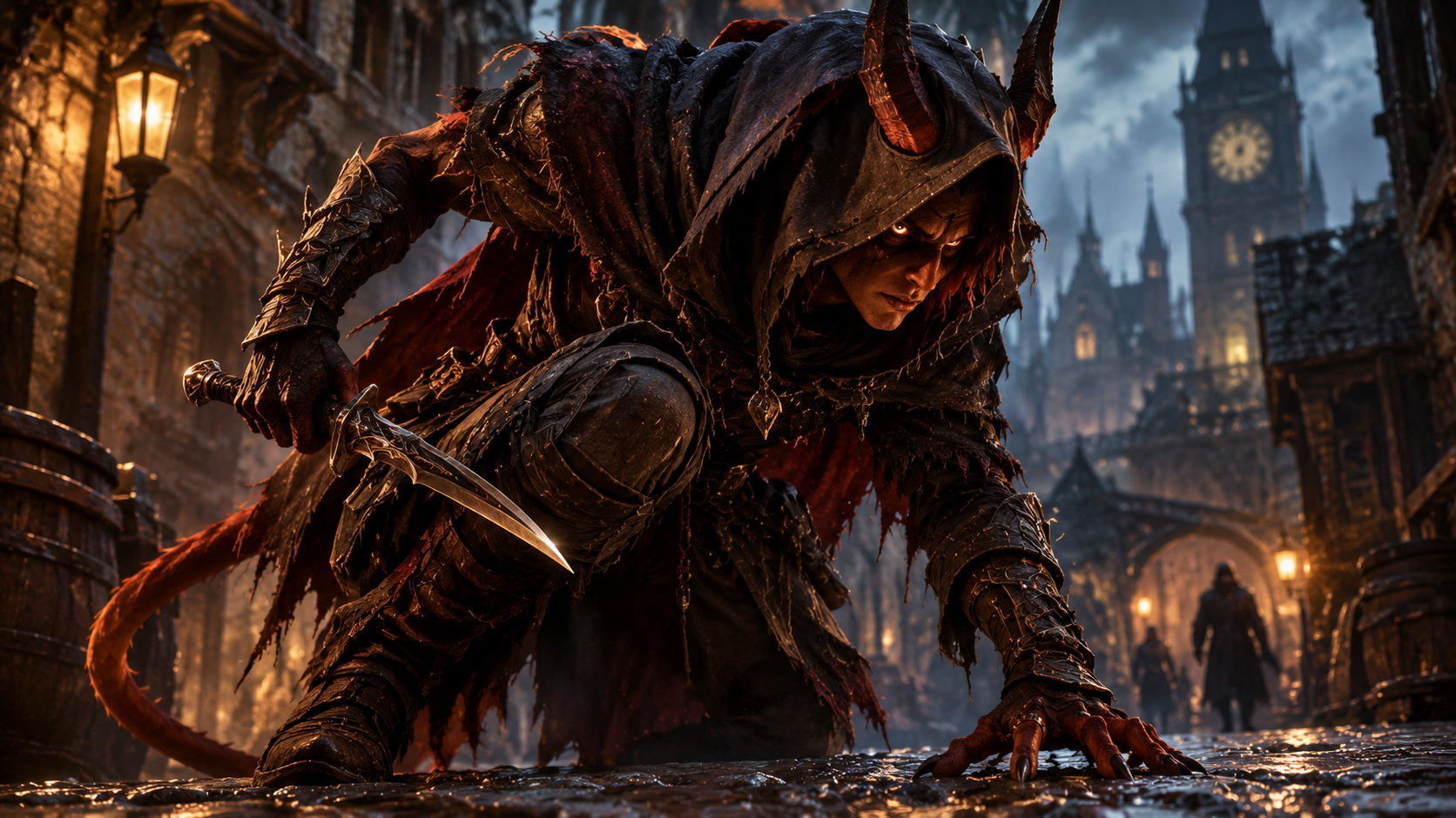 Horned, hooded, and low to the wet cobbles — dagger already out in a lamplit old city.