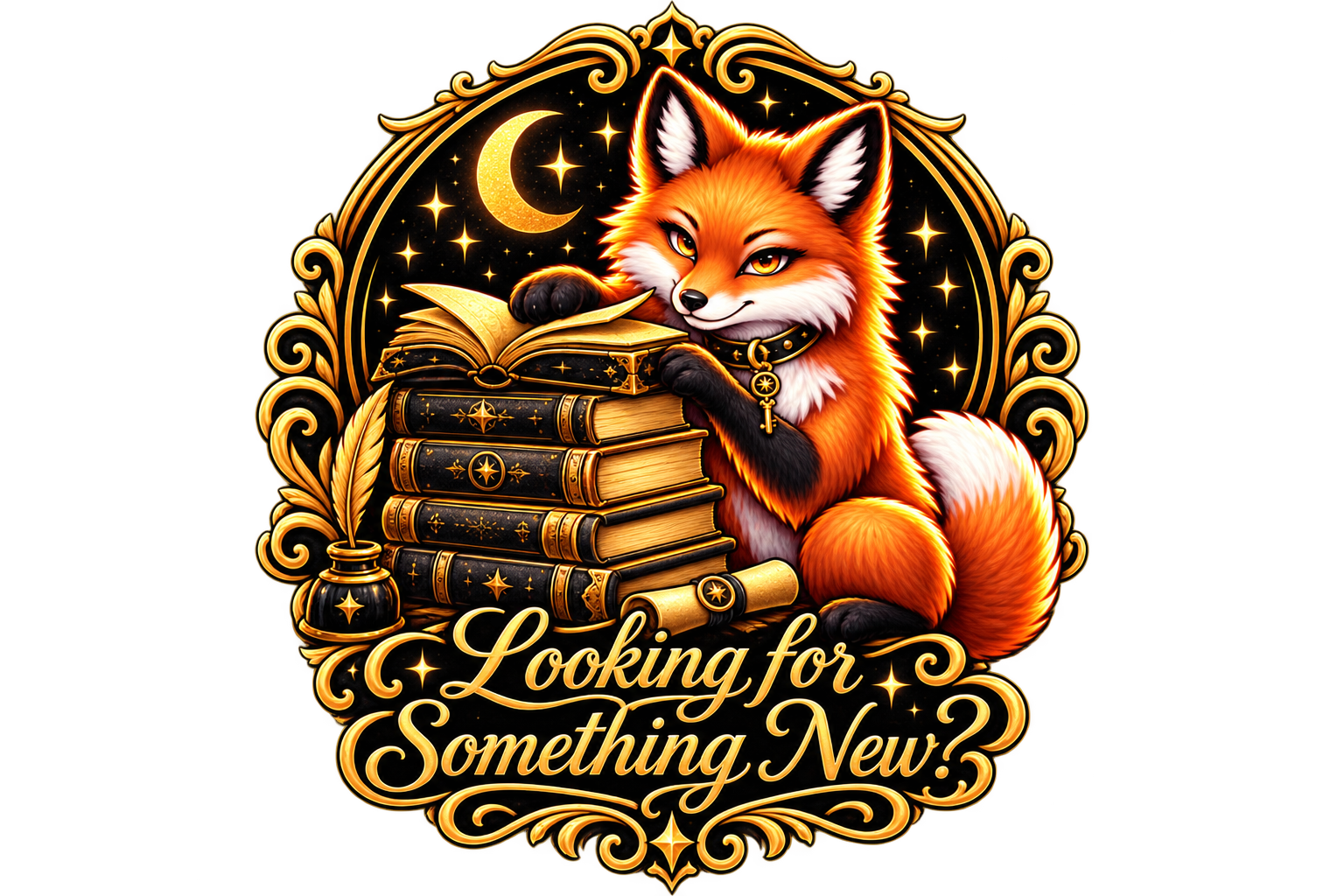 Looking for Something New? — a fox curled beside a stack of enchanted books