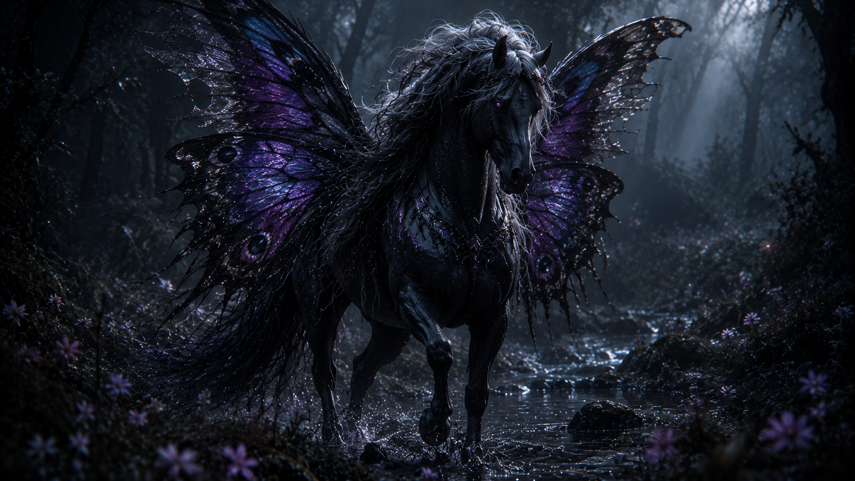 A black winged mare stepping through a moonlit stream, her gossamer wings shot through with violet.