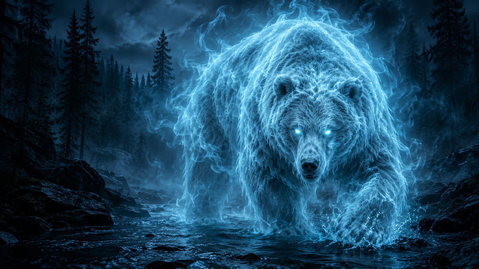 A great bear of blue flame wading a midnight river, eyes burning through the pines.