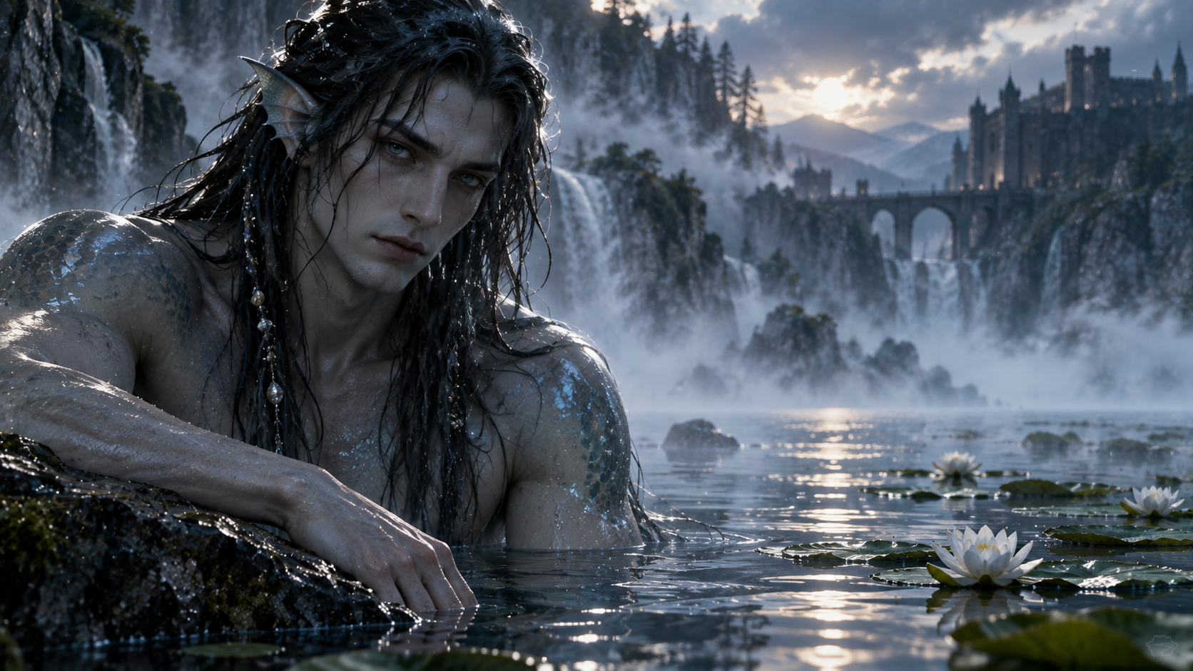 A scaled, fin-eared lord of the water resting at the edge of a misted lake below a castle.