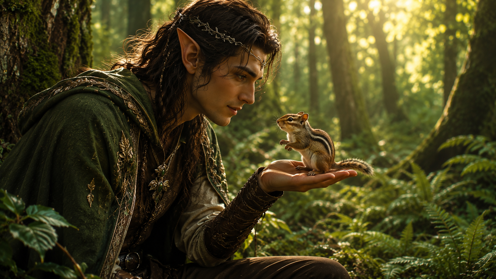 A woodland elf holding audience with a chipmunk in a sunlit forest.