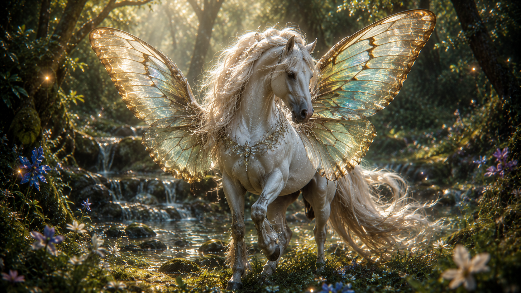 Her lighter sister — pale silver and gold, cantering through a sunlit fae glade.