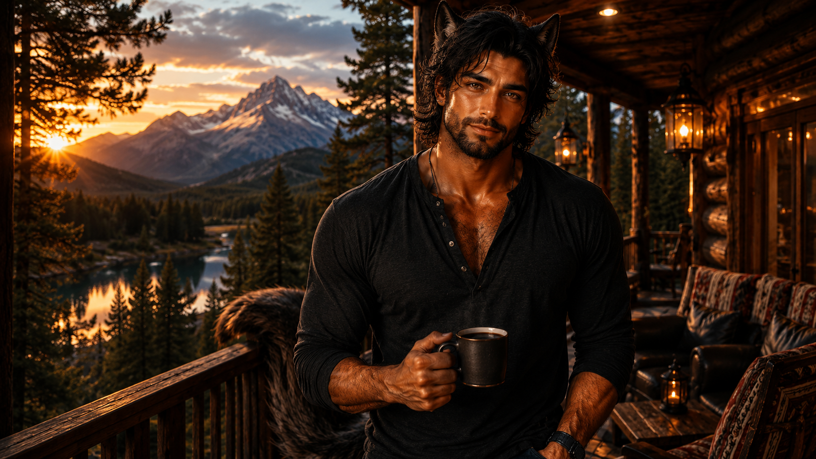 A wolf-shifter taking his morning cup on a cabin porch while the sun climbs the mountains.
